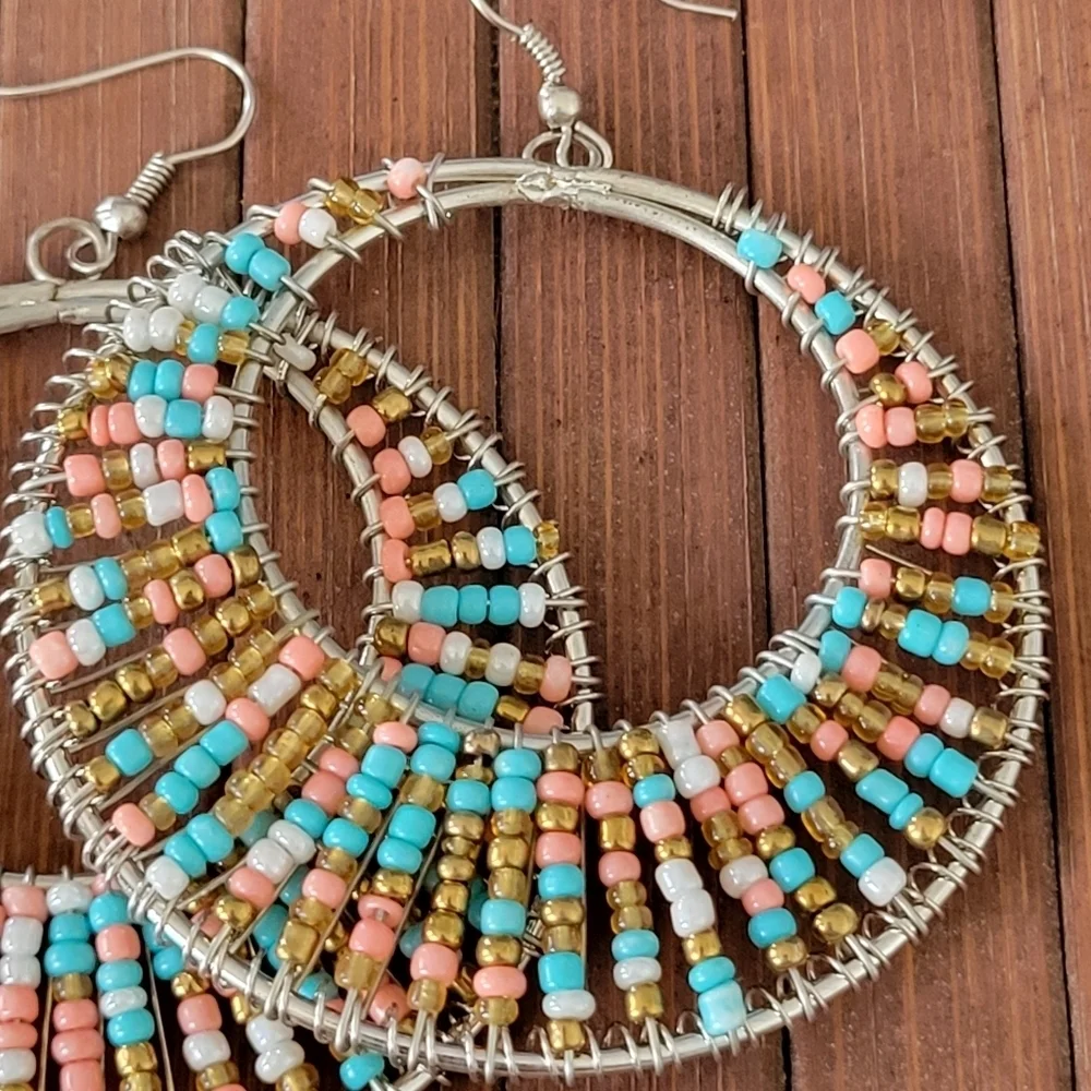 Large Blue and Pink Beaded Hoop Earrings Bracelet Cuff Set.
